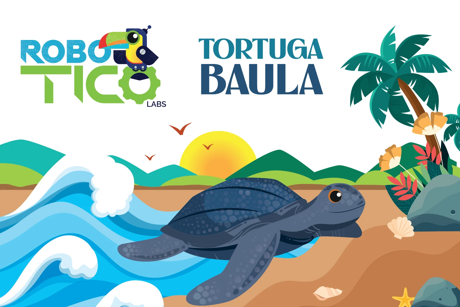 Ilustración original de RoboTico Labs de una tortuga baula en una playa costarricense
